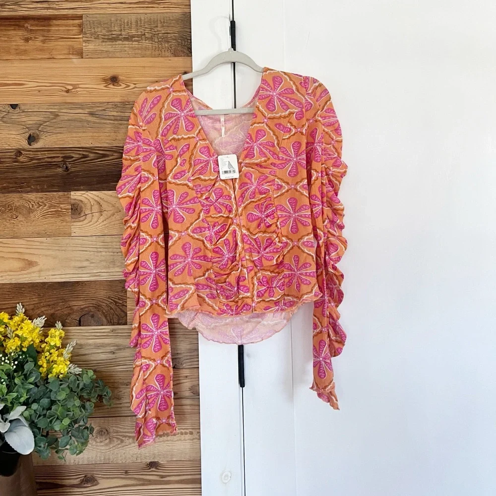 NWT Free People Through the Meadow Mesh Top Grapefruit Seltzer Size Large